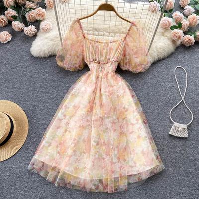 Splice Mesh Floral Print Kleid Frauen Sommer Schlank Elastische Taille Square Neck Sanfte Damen Süße Kleider