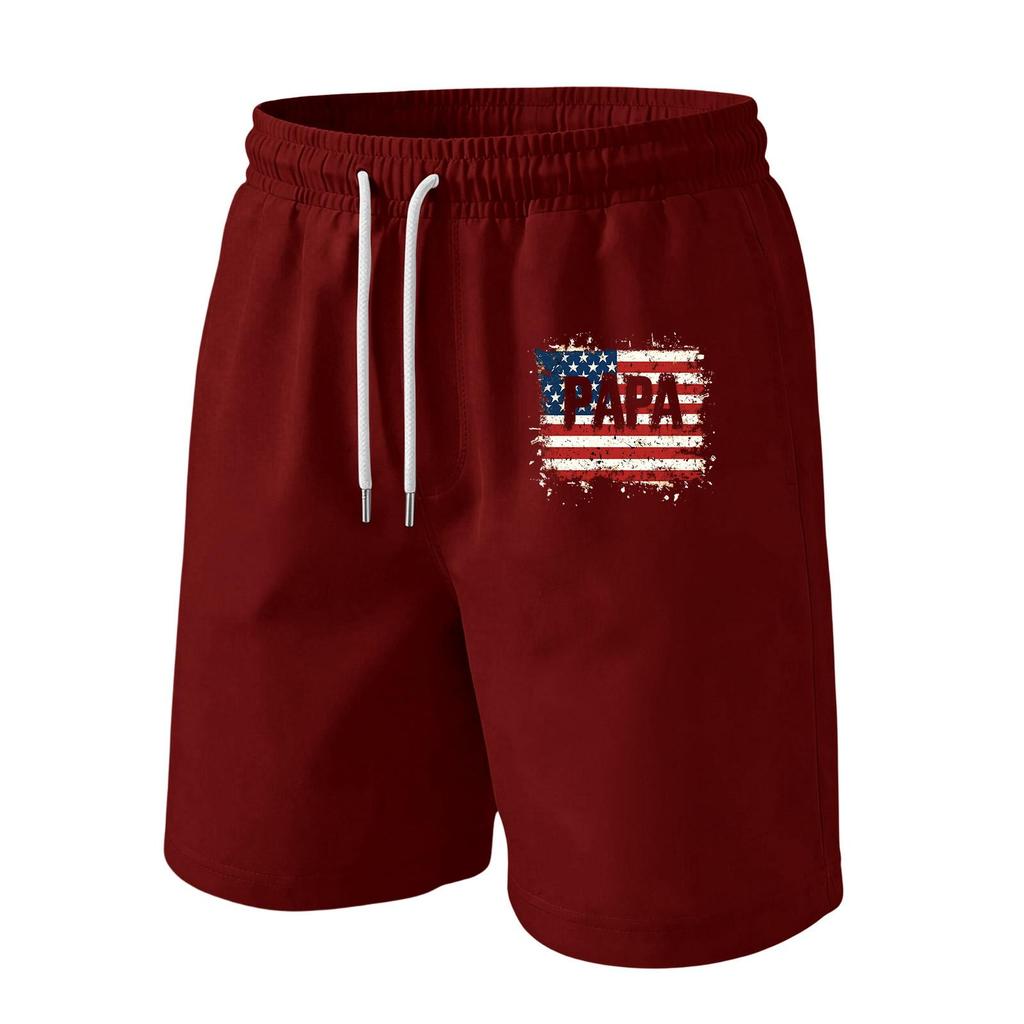 Men Drawstring Waist Casual Shorts with Flag Print Relaxed Fit Lightweight Soft Fabric Elastic Waistband for Daily Wear
