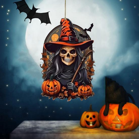 Pumpkin Witch Pendant Decorative Car Rearview Mirror Hanging Charm Acrylic 2D Halloween Christmas Party Decoration