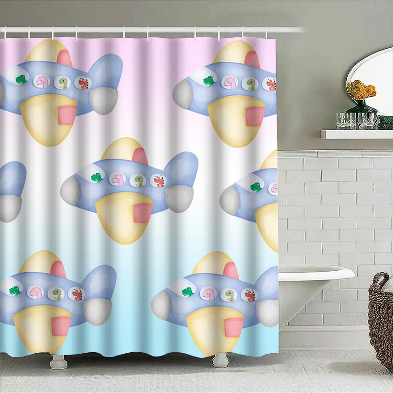 Waterproof Bathroom Shower Curtain Featuring A Whimsical Airplane Design With Cute Cartoon Animals For Children'S Bathroom Decor