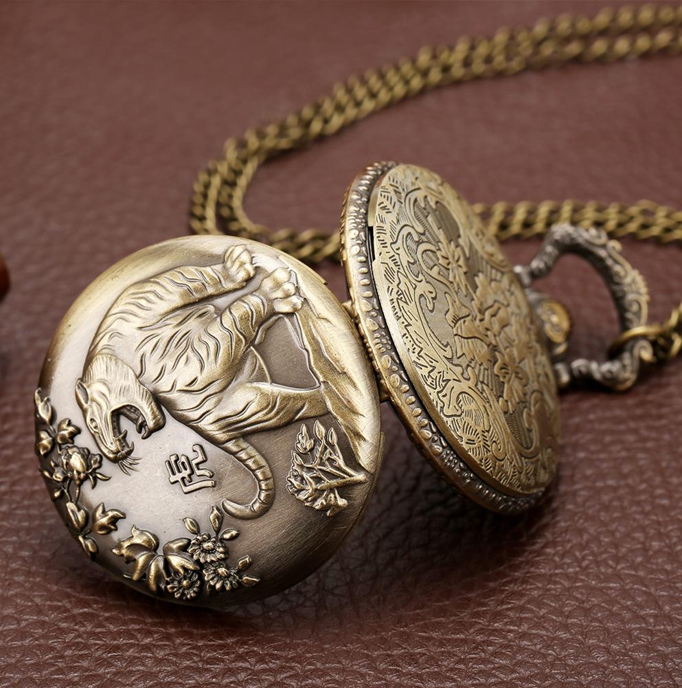 Bronze 12 Zodiac Signs Ancient Tiger Animal Quartz Pocket Watch Antique Chinese Collections Birthday Necklace Gift for Men Women