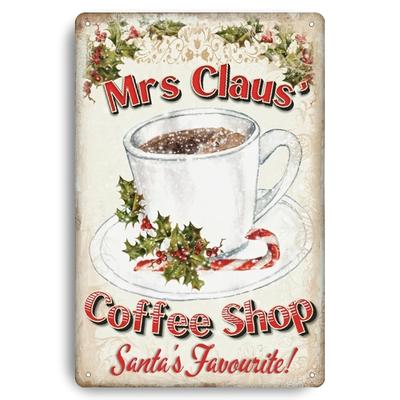 Traditional Mrs Claus Coffee Shop Christmas Iron Wall Hanging Sign Multipurpose Decorative Plaque for Home Cafe Bar Santa