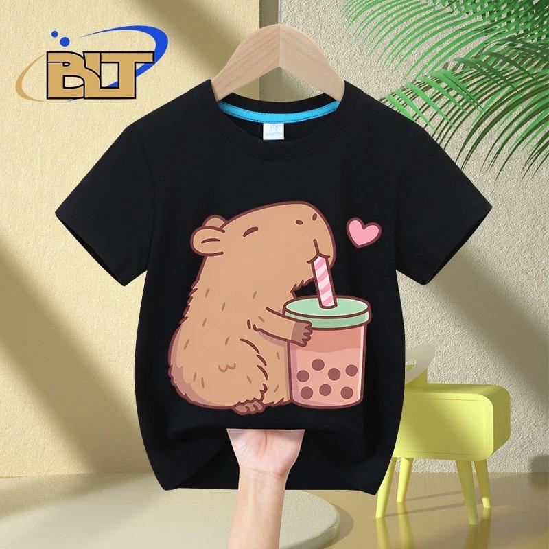 Cute Capybara Loves Bubble Tea Print Kids T-Shirt Summer Children's Short-sleeved Casual Tops Boys and Girls Gifts