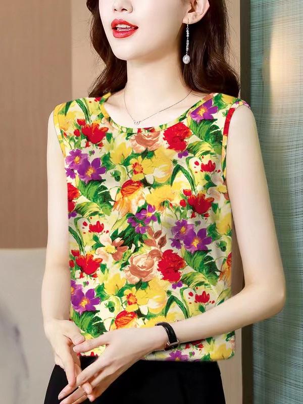 Plus Size Floral Ice Silk Vest - Women's Round Neck, Breathable, Loose, Belly-Covering Summer Top.