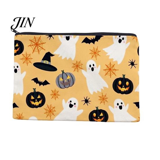 Festive Canvas Makeup Organizer Storage Bag, with Halloween Pumpkin Ghost Print, Smooth Portable Miscellaneous Item Bag Zipper for Travel Cosmetic