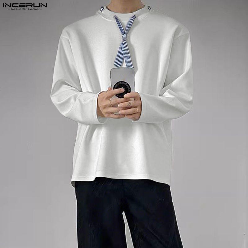 INCERUN Spring Men Striped Tie Long Sleeve Casual Loose Pullover T-shirts Tops