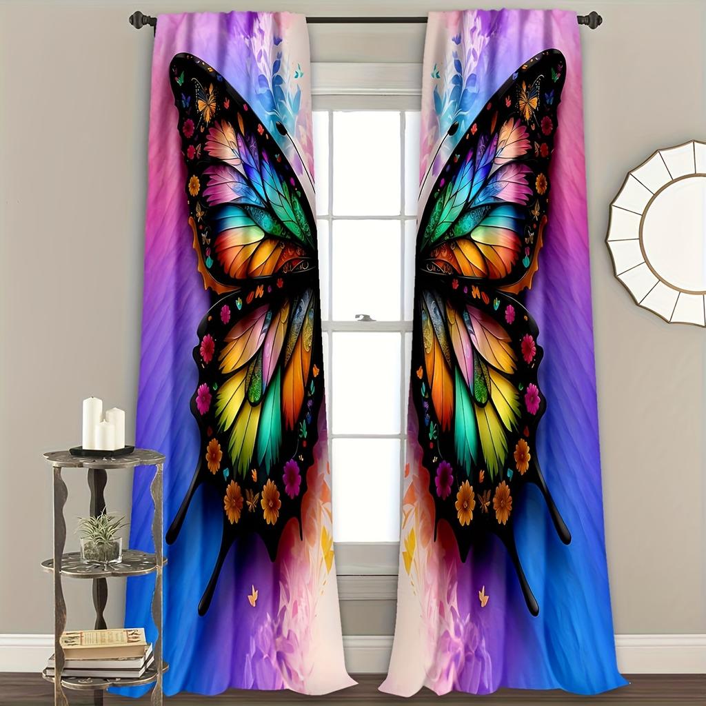 Two Pieces of Semi-Transparent Curtains with a Five-Color Butterfly Print   Suitable for Study   Kitchen   Living Room   Dormitory