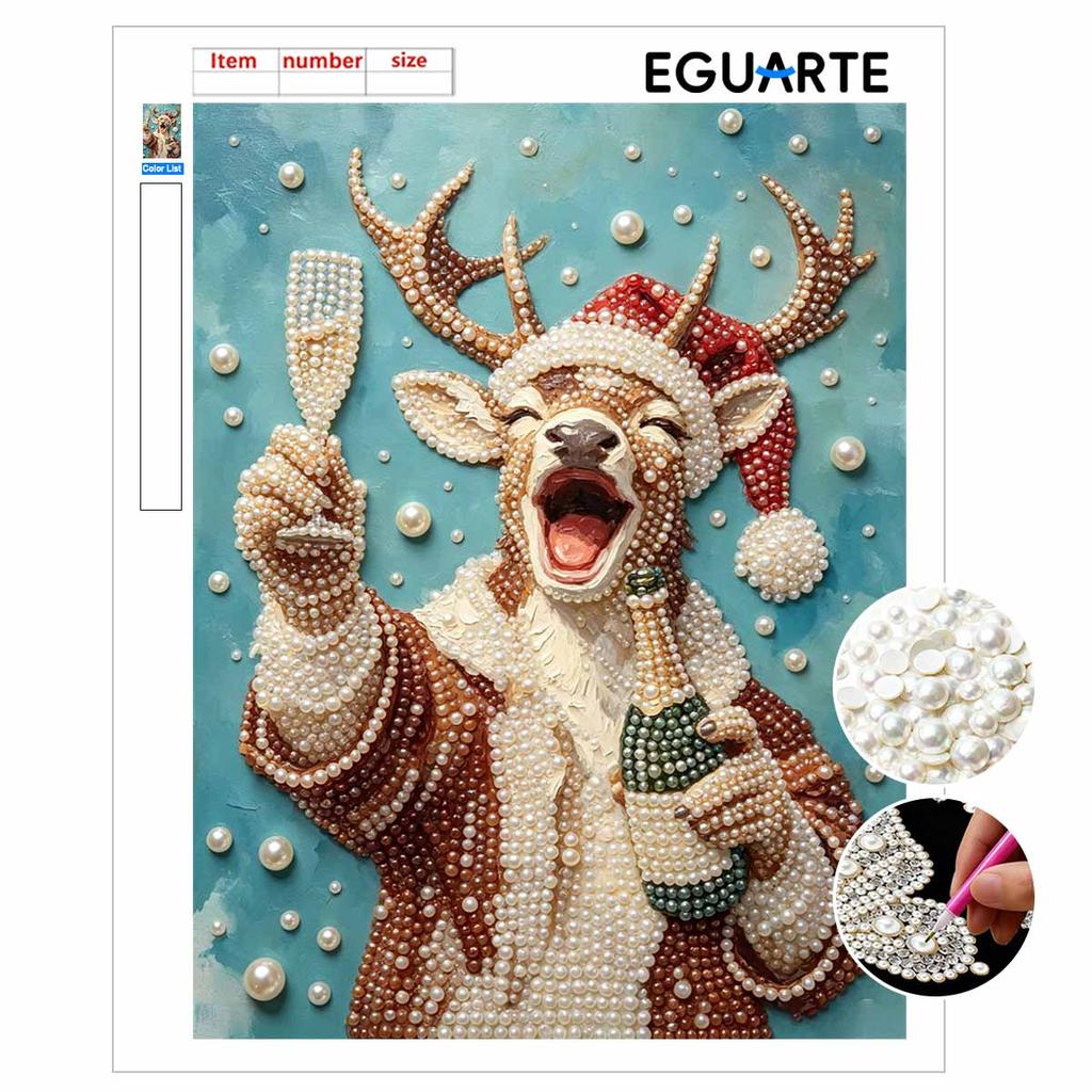 Merry Christmas Reindeer Pearl Bead Painting Kit with Frame Shiny Canvas Art Creative Craft Home Decoration Gift Holiday Wall Decor