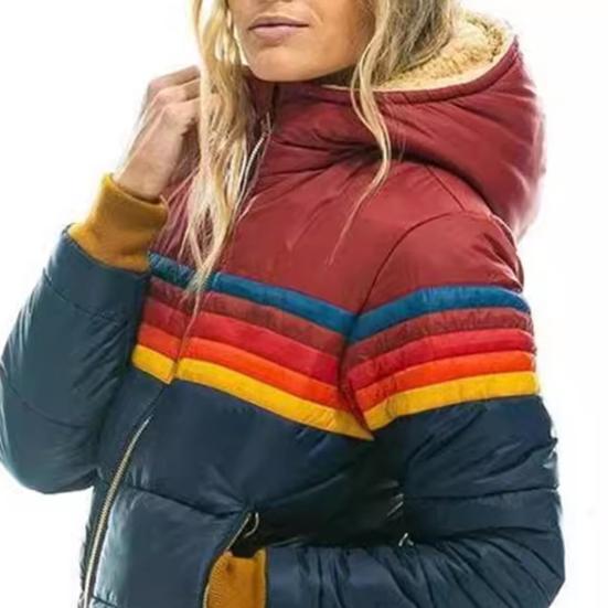 Yousheng Winter-Baumwollmantel mit Taschen Coloblock Reißverschluss Kapuze Gefüttert Winddicht Strickjacke Kurzer Typ Elastische Bündchen und Saum Baumwolljacke