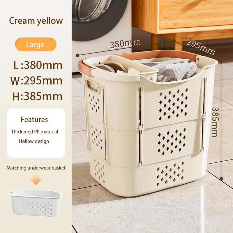 Collapsible Plastic Laundry Basket with Handles and Side Containers - Space-Saving Laundry Basket for Laundry Rooms, Bathrooms,