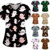 Women's Halloween Print Loose Fit V Neck Short Sleeve Medical Scrub Top with Pockets for Healthcare Professionals Nurse Uniform