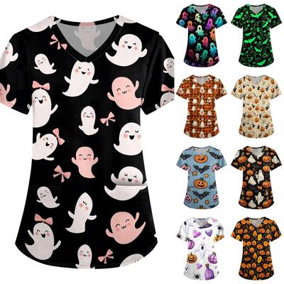 Uniforme Médico de Halloween para Mujer, Ajuste Holgado, Cuello en V, Manga Corta, con Bolsillos para Profesionales de la Salud, Uniforme de Enfermera