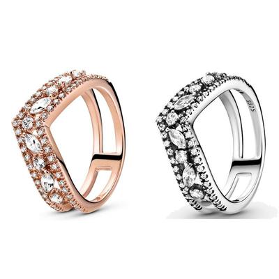 Authentic 925 Sterling Silver Wish Sparkling Marquise Double Wishbone Ring For Women Wedding Party Europe Fashion Jewelry