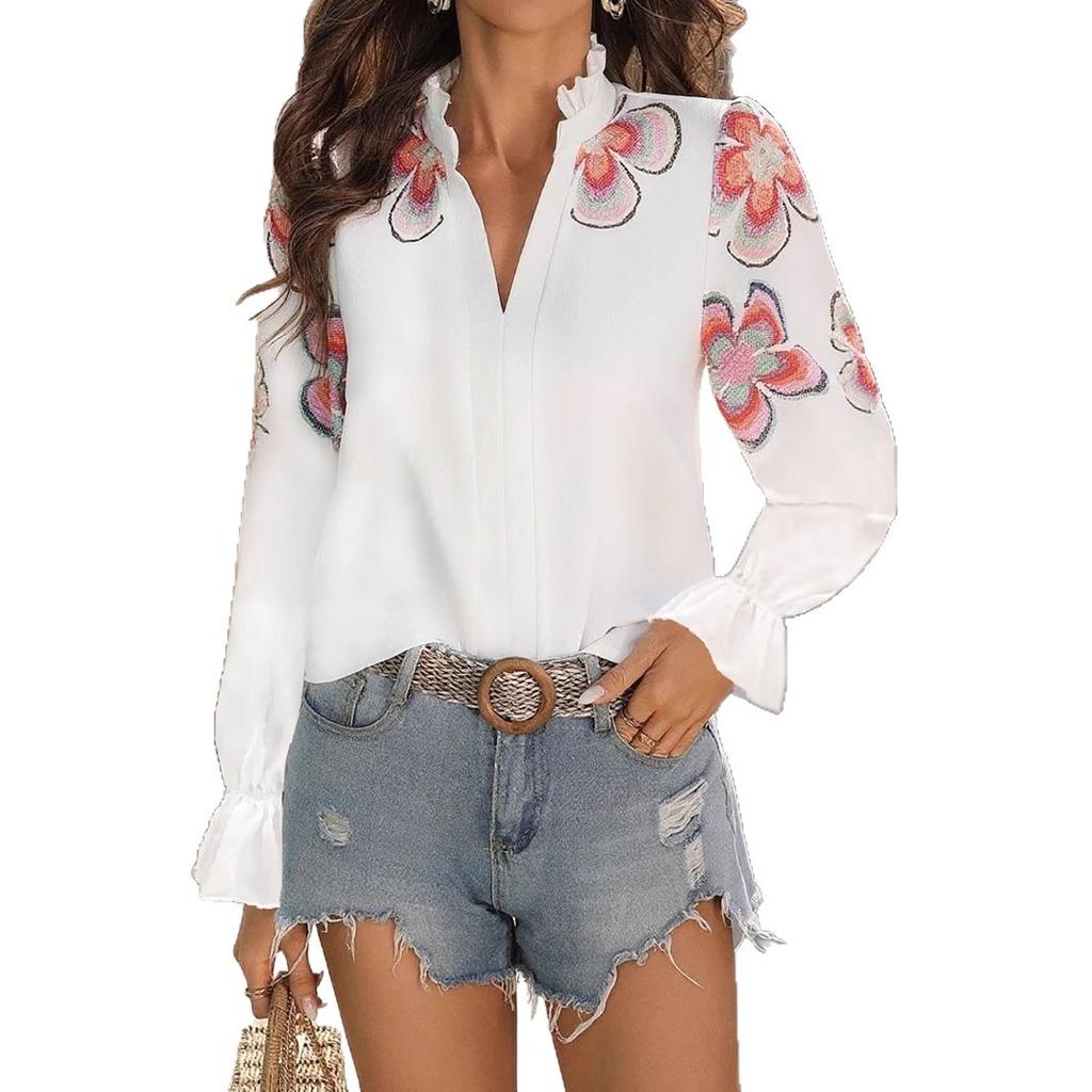 A New and Fashionable V-neck, Puffed Sleeves and Ruffled Printed Women's Shirt