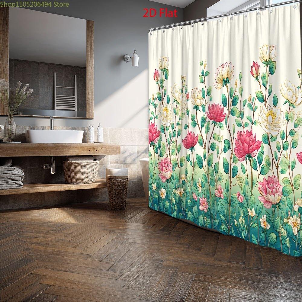 1pc Floral Botanical Garden Shower Curtain with 12 Hooks - Blooming Flowers Bath Tub Drapery, Machine Washable Suitable for Ba