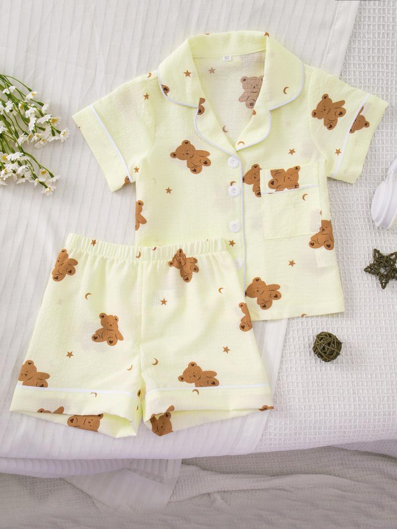 European & American Short-Sleeved Girls Pajama Set with Cartoon Bear Print 90 cm