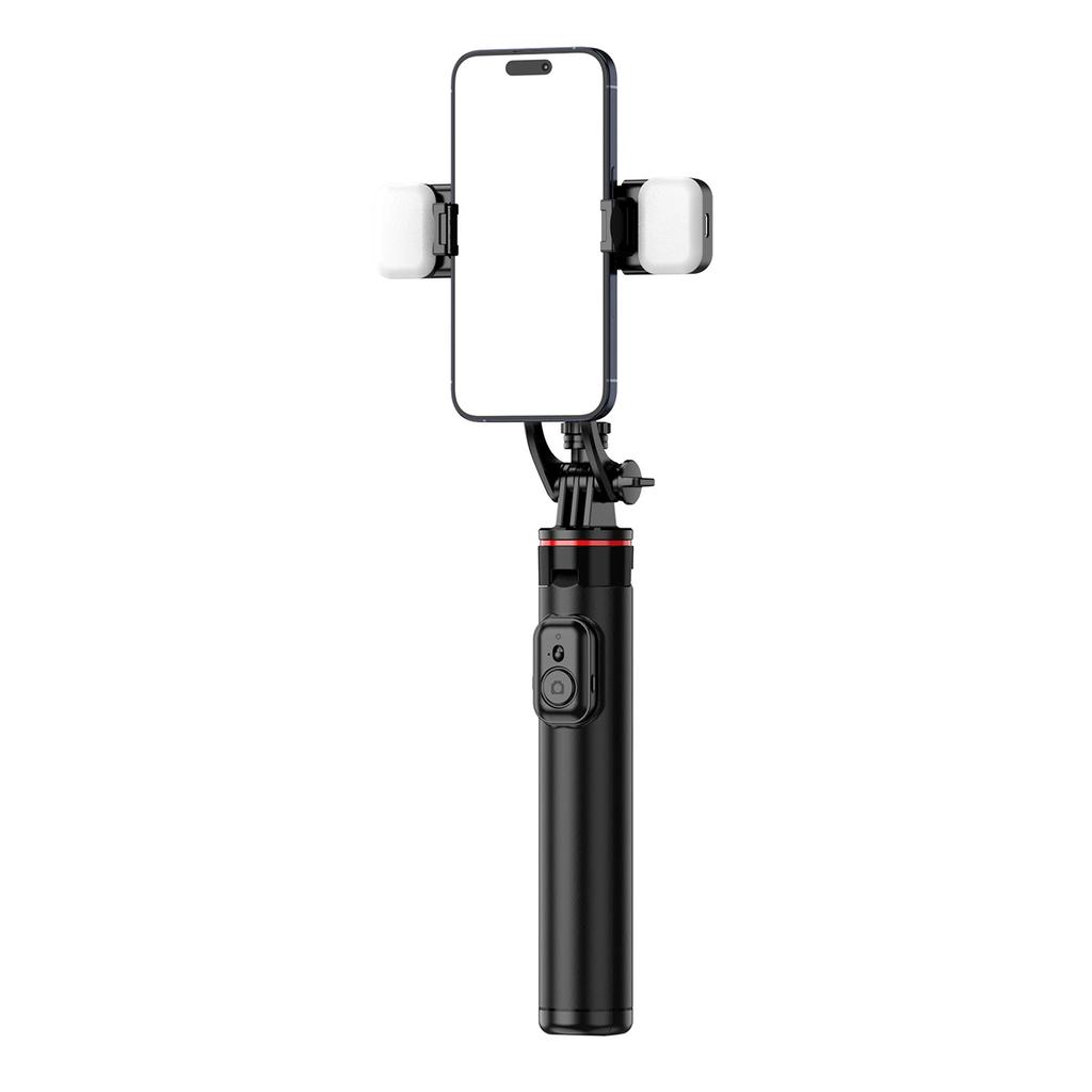 Palo selfie Wc12Yds Trípode Telescópico 1.3M de Aleación de Aluminio con Doble Lámpara y Soporte para Teléfono - Negro