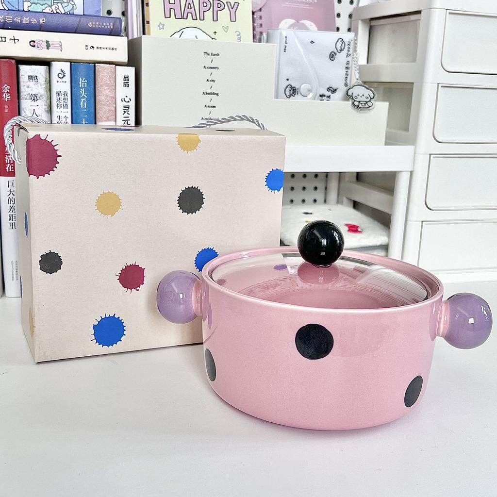 Give Girls Birthday Gifts, Cute Contrasting Colors, Polka Dots, Ceramic Instant Noodles Bowl with Lid, Girlfriend Practical Souvenir Gift Box.