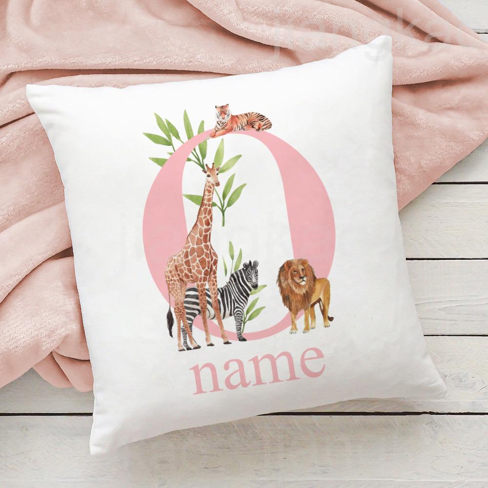 Personalized Pillow Case Initial with Name Safari Animal Pillow Cover Kids Bedroom Wild Party Decor Kids Birthday Shower Gift