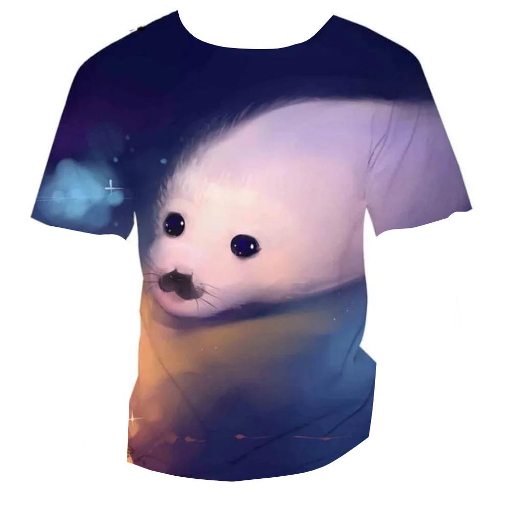 3D Seal Marine Animal Print Kids Crew Neck Short Sleeve Tee Loose Fit Outdoor Play Daily Leisure Outfit