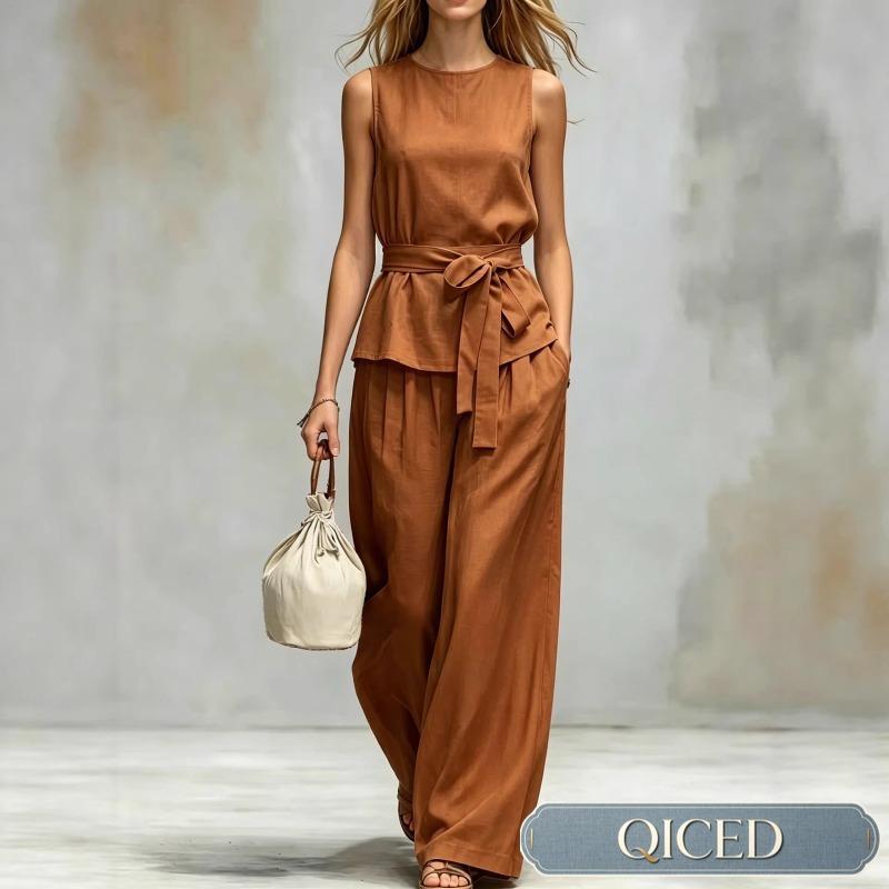 QICED Women's Sleeveless Round Neck Fashion Casual Pants Suits Casual Chic