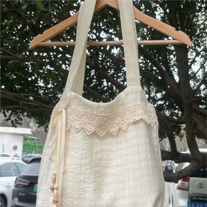 Harajuku Beige Canvas Shoulder Bags Women Vintage Lace Large Capcity Tote Bag Purse Female Versatile Casual Handbag