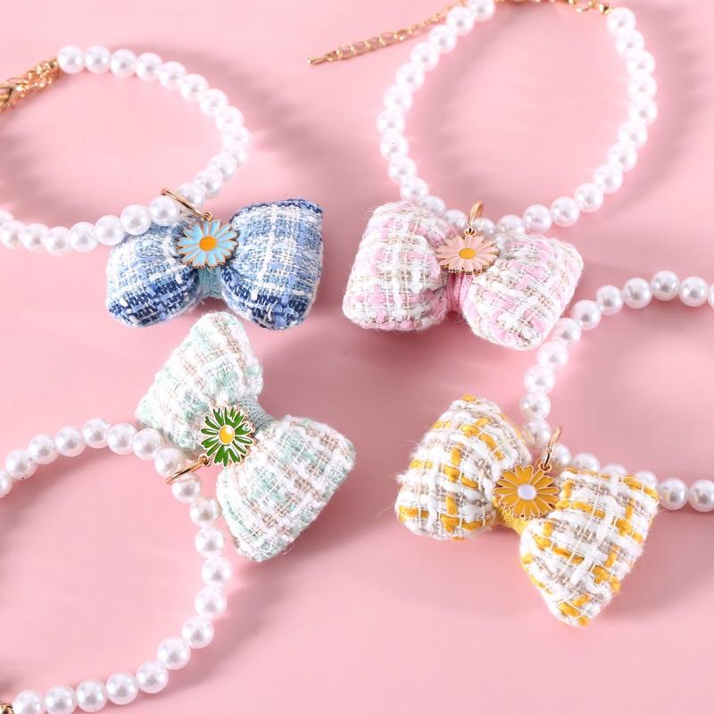 Adjustable Pet Necklace With Pearl Grid Bow Pendant Floral Daisy Design Dogs Cats Princess Birthday Accessory