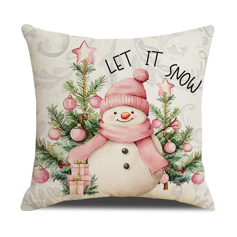 Pink Christmas Pillow Set, Linen Print Car Cushion, Holiday Atmosphere Arrangement Sofa Cushion