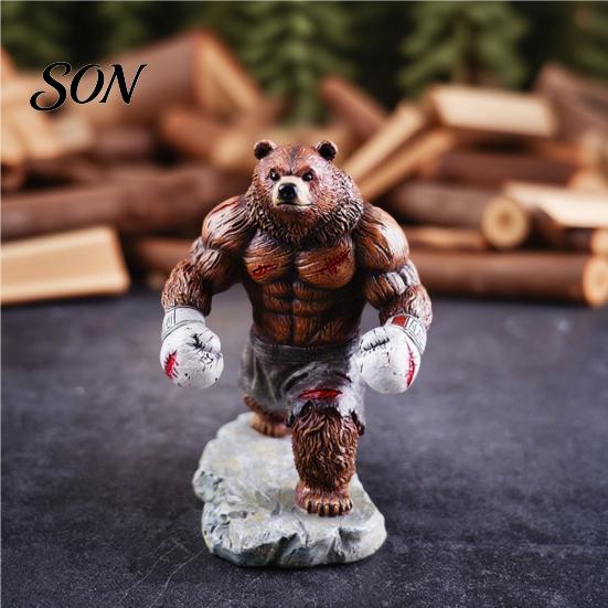 White Bear Sculpture Resin Boxing Figurine, Muscle Statue for Desk Decor, Brown Office and Home