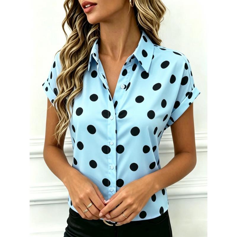 Women Polka Dot Lapel Roll Up Short Sleeve Button Down Casual Loose Blouse Shirt