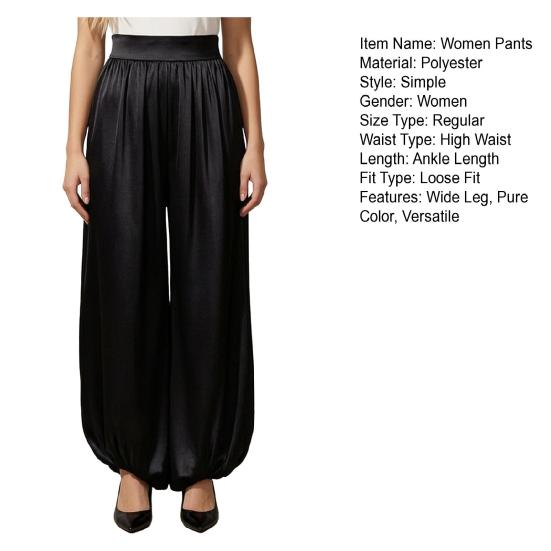Women Satin Bloomers, High Waist Wide Leg Trousers, Pure Color Loose Fit Flowing Pants for Office Date Night Casual Daywear