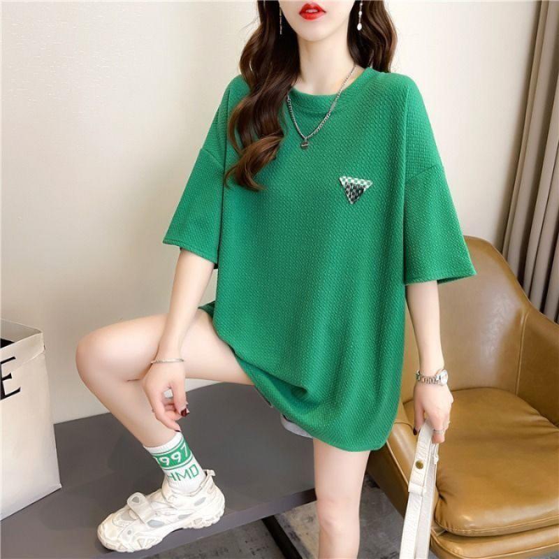 

Женская футболка больших размеров с плиссировкой и рукавами-фонариками — свободная, с круглым вырезом, с коротким рукавом, средней длины, модная M зелёный