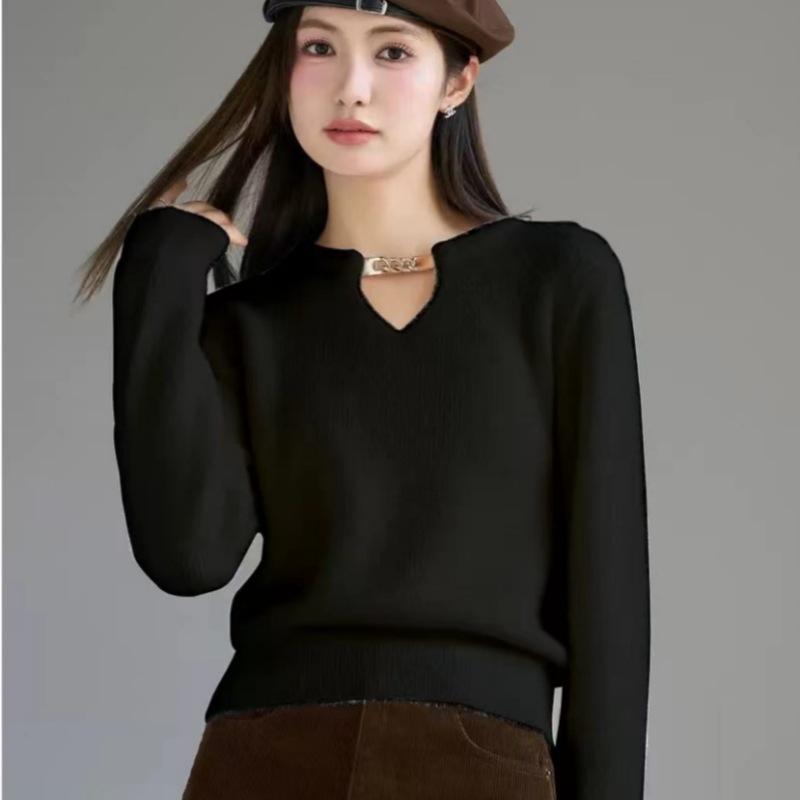 

Пуловер с вырезами однотонный для женщин осень и зима стиль маленького аромата вязаный свитер топ 3XL чёрный