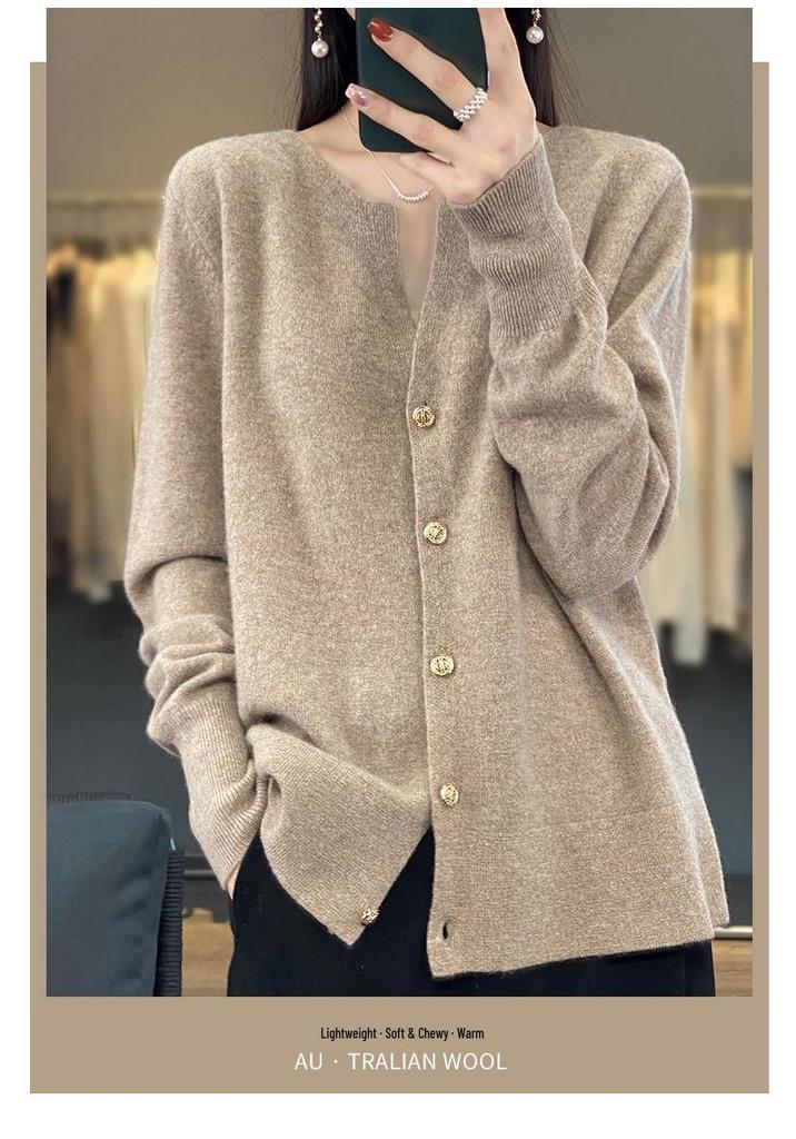 Women's 100% Wool Round Neck Cardigan - Slimming Knit Jacket, Spring Cashmere Sweater, Versatile Outerwear