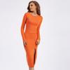 Knit Slim Sexy Bodycon Dress for Women Round Necked Long Sleeve Dress Solid Slit Ruched Dresses Casual Sweater Dress Knee Length Dresses