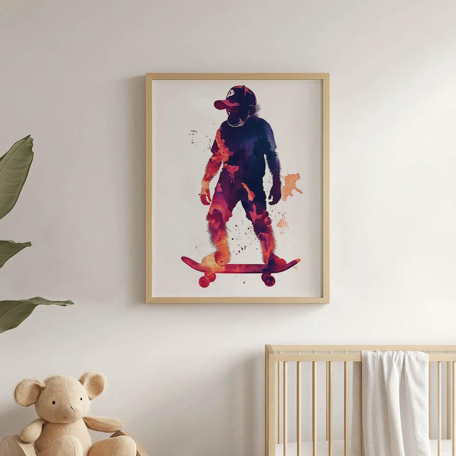 Poster Monkey On a Skateboard Poster Monkey On a Skateboard, 50X70 Cm, Dark Brown Wooden Frame, 230 Gsm Matte Paper