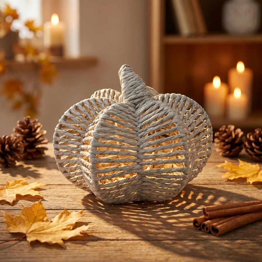Woven Pumpkin Decoration for Tabletop - Rustic Fall Home Decor Ornament with, 3D Shape