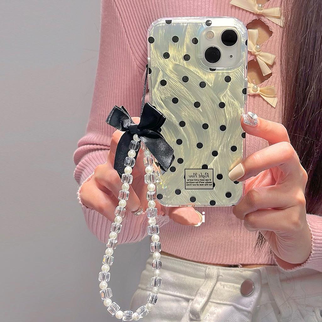 Stylish Laser Polka Dot Case for iPhone 15 14 13 12 11 Pro Max All-inclusive Shock-proof Girl Case with Chain
