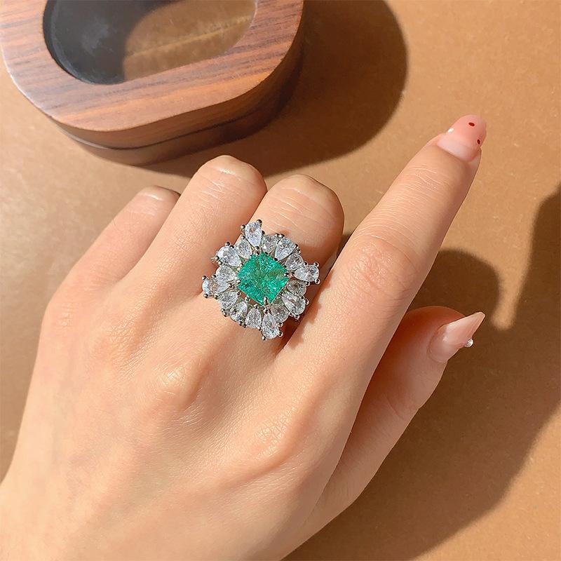 Copper Fashion Imitation Paraiba Diamond Set Geometric Love Opening Ring Lady Party Birthday Wedding Jewelry Gift
