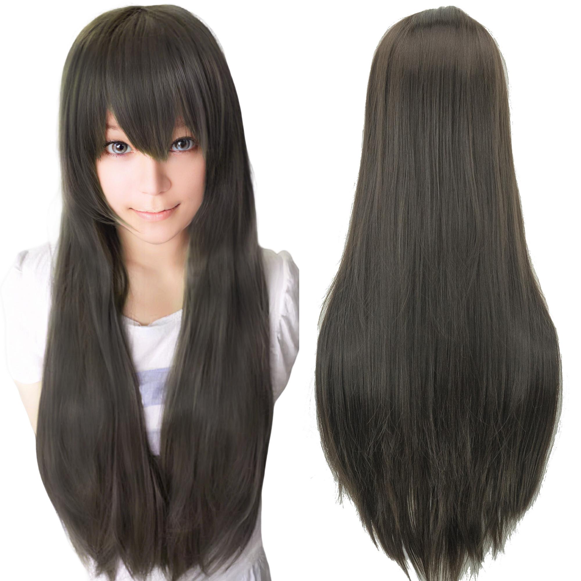 Synthetic Black Wig Cosplay Wigs Straight Long Wig Hinata Hyuga Cosplay Hair Enma Ai Costume Wig (Dark Brown,32inches)