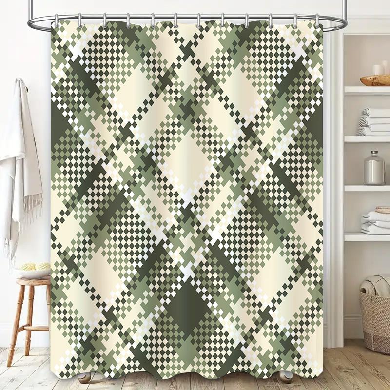 Modern Geometric Shower Curtain Camouflage Print For Bathroom Decorations White Green Checkered Design Water-Resistant Fabric Av