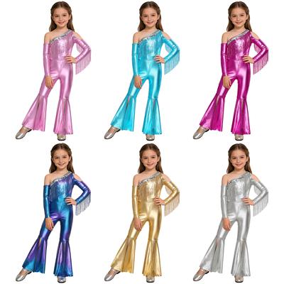 Combinaison de scène pour fête disco pour filles Combinaison brillante métallique à paillettes Épaule dénudée Manches longues Franges Jambes évasées
