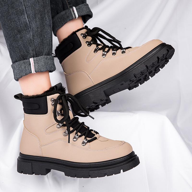 Pánské kožené boty s vysokým svrškem a silnou podrážkou - Zimní ležérní martensky s plyšovou podšívkou