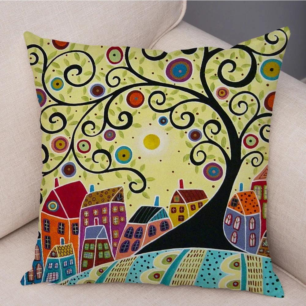 Colorful Cartoon Retro Rural Color Printed Pattern Home Cushion Cover Living Room Sofa Bedroom Decoration Pillowcase