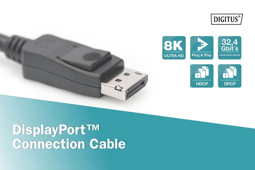 DisplayPort-Kabel DIGITUS mit Verriegelungen 8K 30Hz UHD Typ DP/DP M/M schwarz 2m