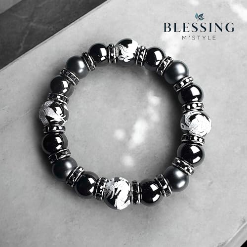 [BLESSING M'style] Natural Stone Power Stone Bracelet, Four Gods Bracelet, Morion, Matte Onyx, Silver-Engraved Onyx, Includes Luxury Suede Drawstring