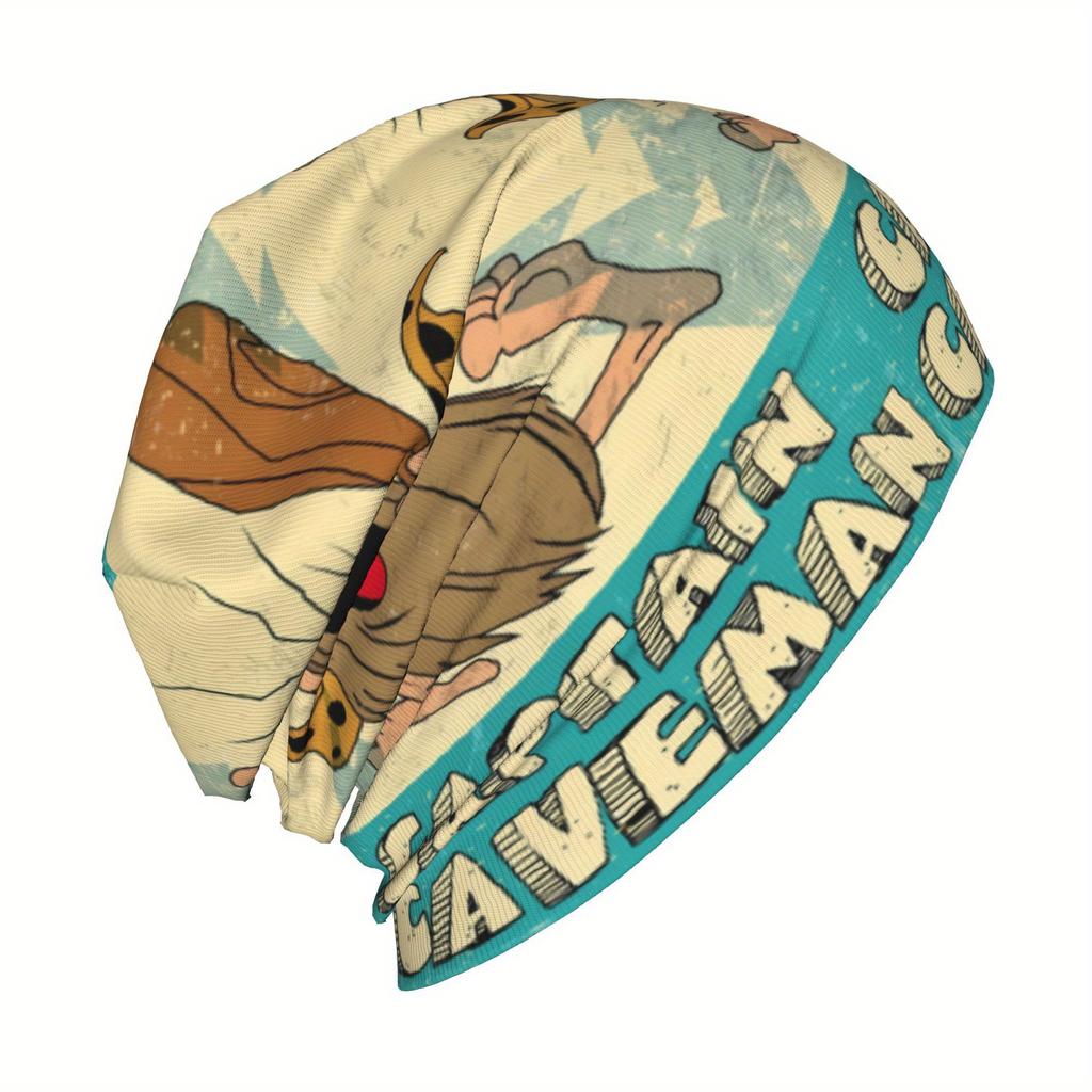 Biihudu Men'S Caveman Beanie Hat - Funny Captain Caveman Retro Comic Design, Beige/Teal/Blue Vintage Style Winter Skull Cap For