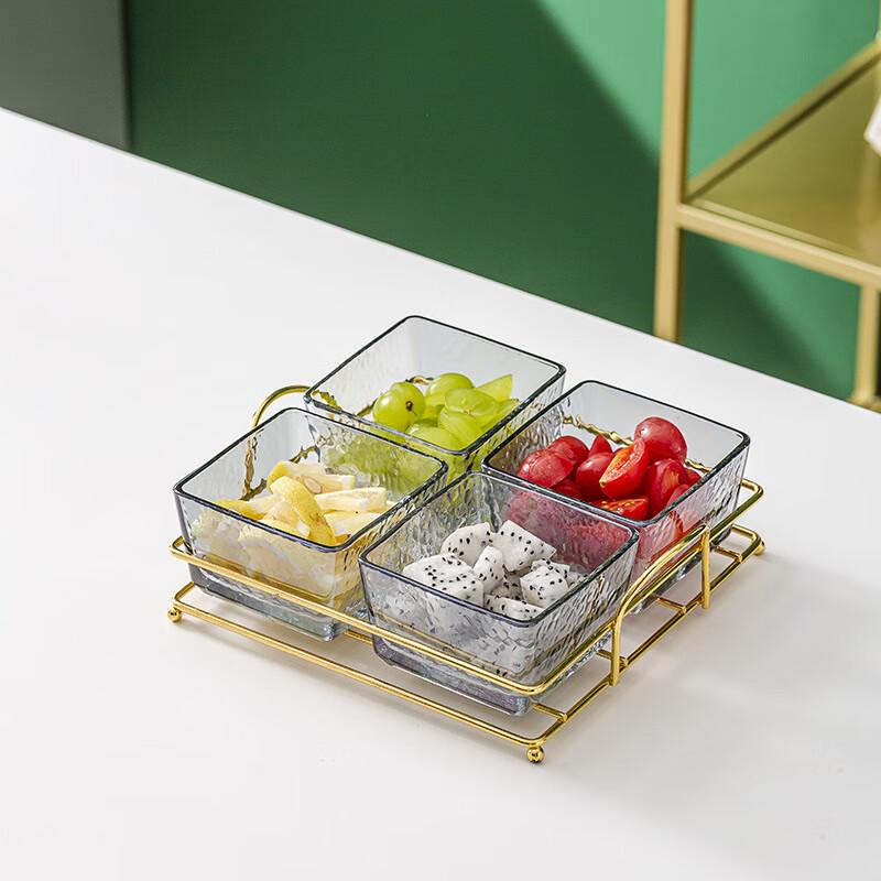 Divided Glass Snack & Fruit Platter with Gold Stand 1 Set