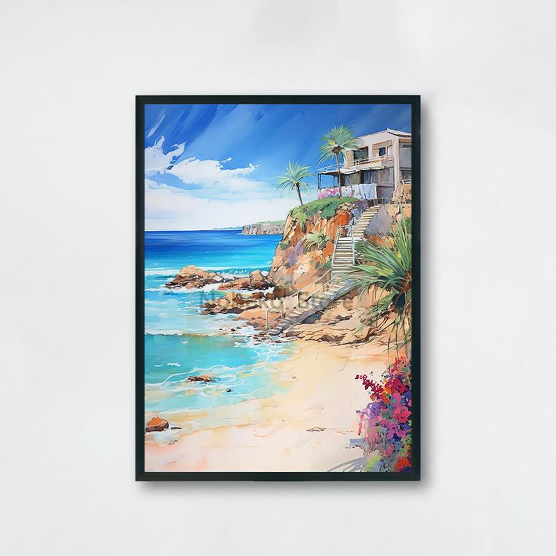 Watercolor Style Mediterranean Coast Sea Poster Seaside Landscape Prints Canvas Painting Wall Art Pictures Home Room Beach Decor