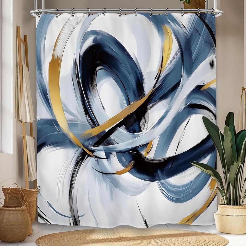 Abstract Navy Blue Shower Curtain Modern Neutral Minimalist Contemporary Art Bathroom Set Accessories Decor With 12 Pack Hooks
